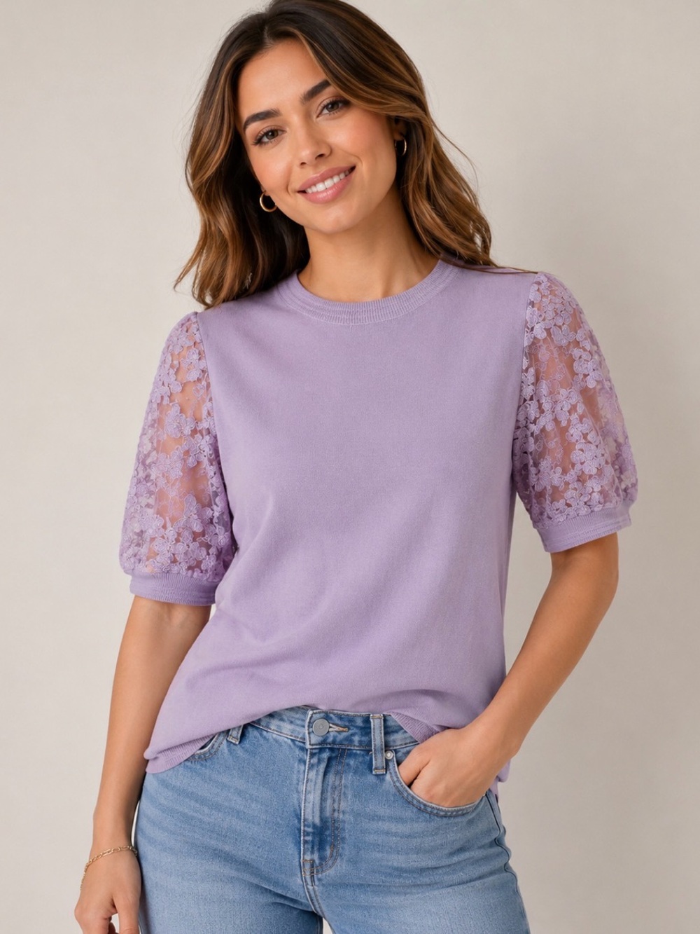 NWT LIV Milano Lavender Lace Sleeve Knit Top Size M